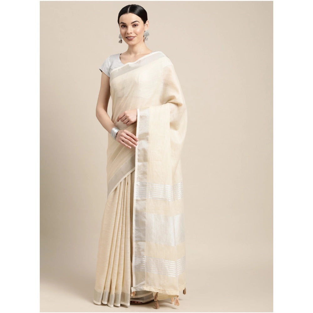 Snuggle Spot Women's Linen Cotton Printed Saree With Unstitched Blouse 5.5Mtr (Cream)