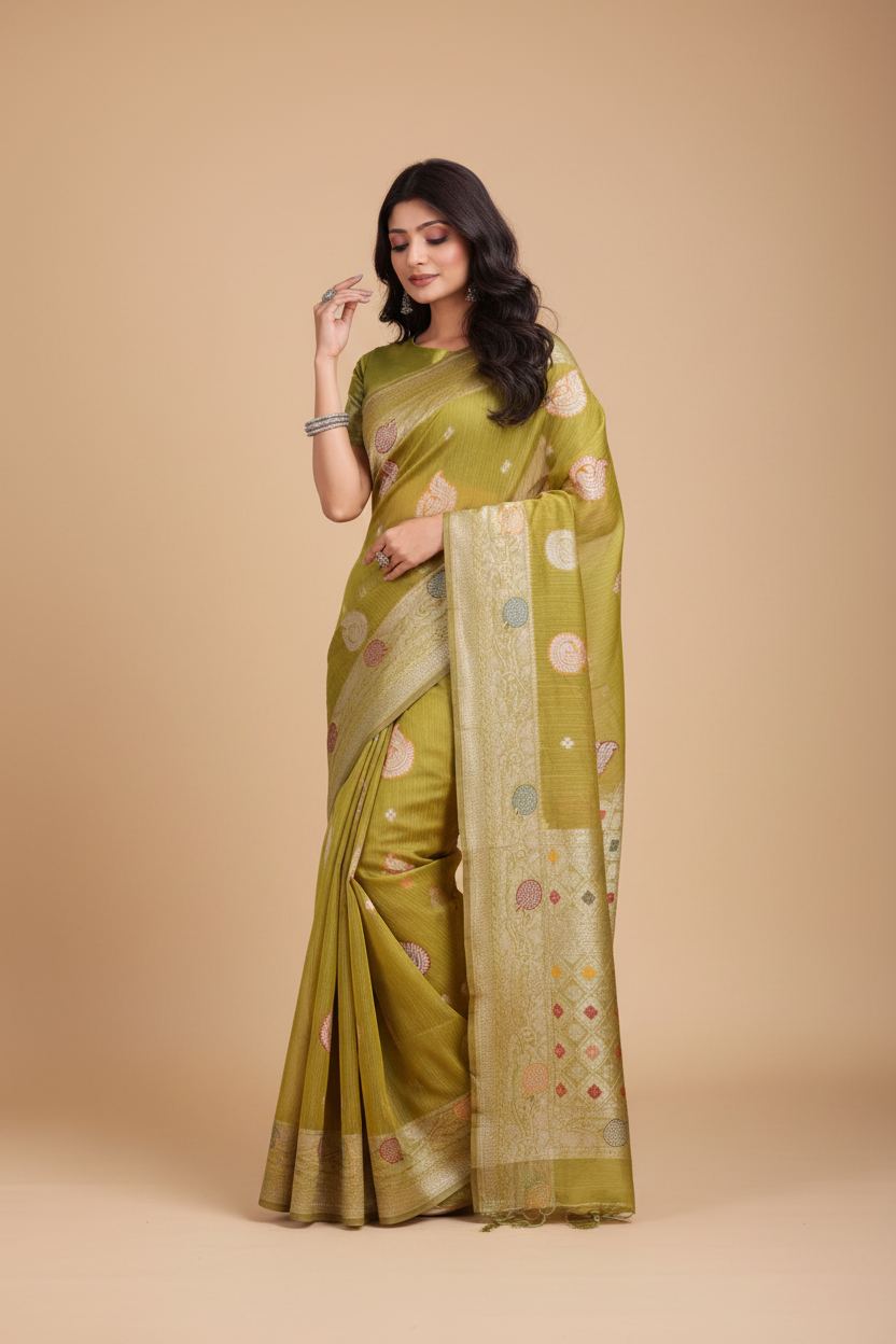 Snuggle Spot Women's Linen Cotton Printed Saree With Unstitched Blouse 5.5Mtr (Mustrad)