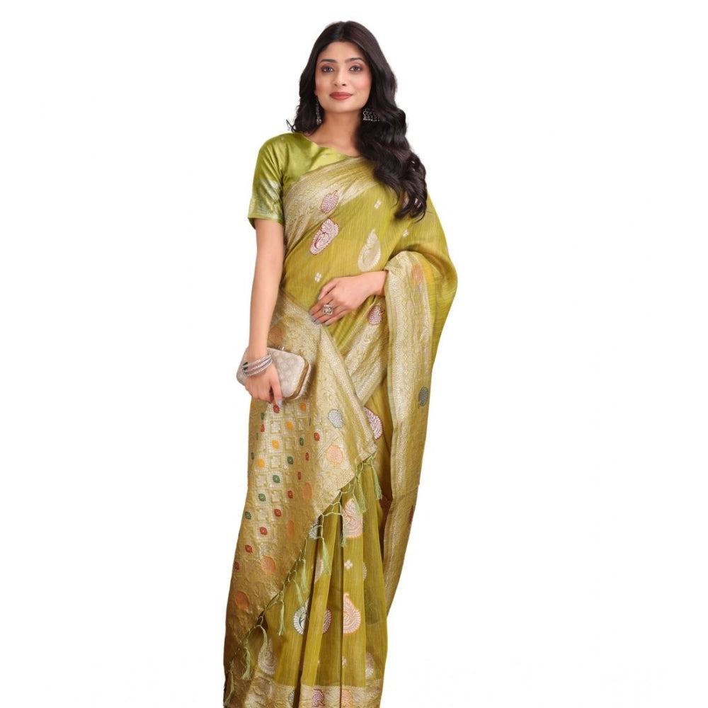 Snuggle Spot Women's Linen Cotton Printed Saree With Unstitched Blouse 5.5Mtr (Mustrad)