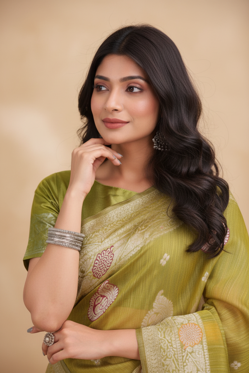 Snuggle Spot Women's Linen Cotton Printed Saree With Unstitched Blouse 5.5Mtr (Mustrad)