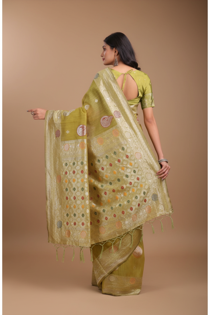 Snuggle Spot Women's Linen Cotton Printed Saree With Unstitched Blouse 5.5Mtr (Mustrad)