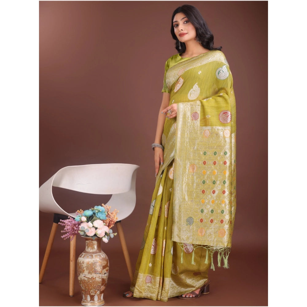 Snuggle Spot Women's Linen Cotton Printed Saree With Unstitched Blouse 5.5Mtr (Mustrad)