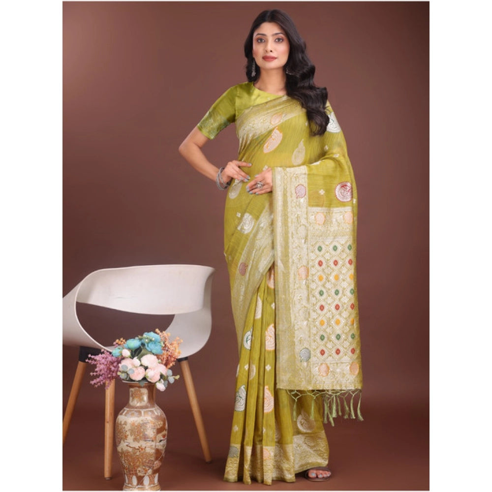 Snuggle Spot Women's Linen Cotton Printed Saree With Unstitched Blouse 5.5Mtr (Mustrad)