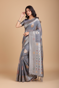 Snuggle Spot Women's Linen Cotton Printed Saree With Unstitched Blouse 5.5Mtr (Grey)