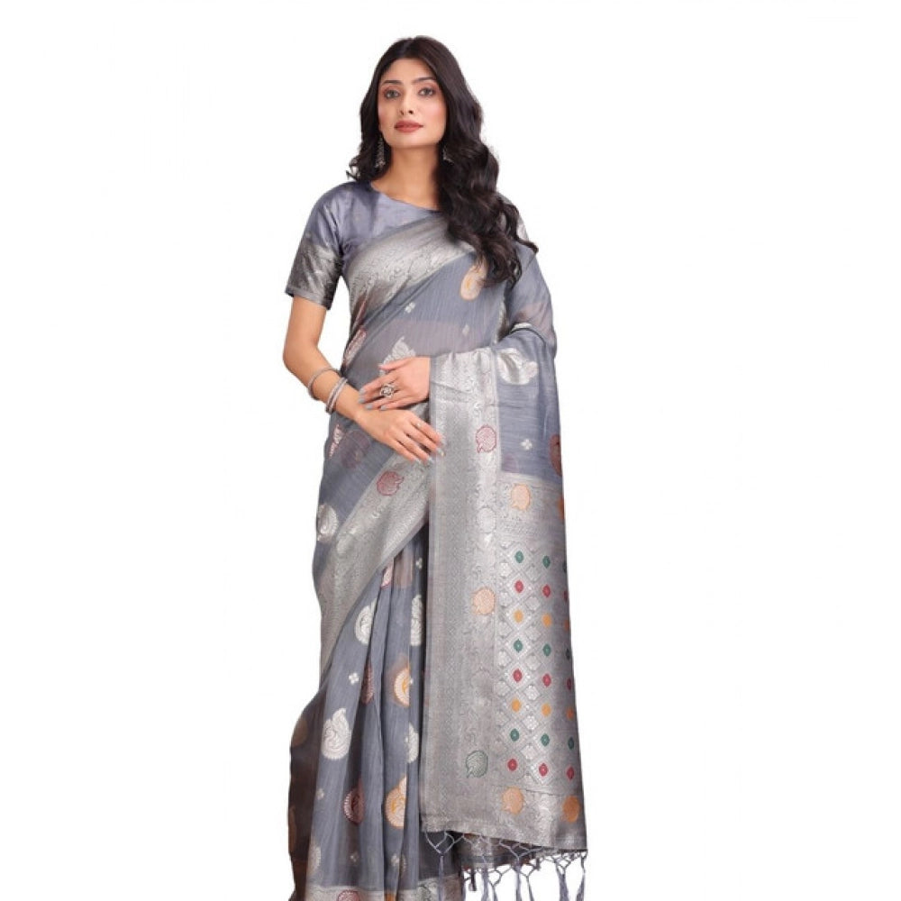 Snuggle Spot Women's Linen Cotton Printed Saree With Unstitched Blouse 5.5Mtr (Grey)