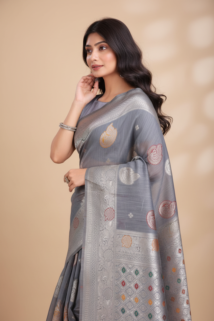 Snuggle Spot Women's Linen Cotton Printed Saree With Unstitched Blouse 5.5Mtr (Grey)