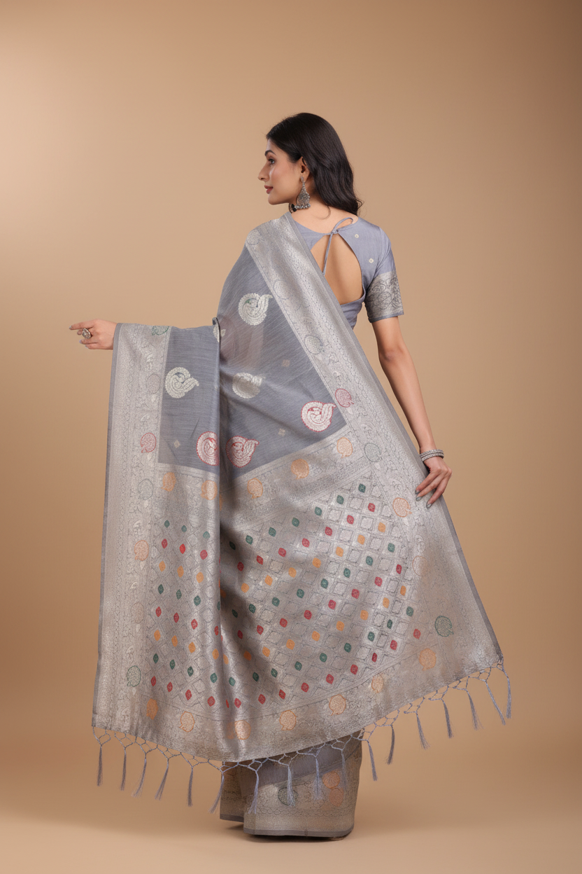 Snuggle Spot Women's Linen Cotton Printed Saree With Unstitched Blouse 5.5Mtr (Grey)