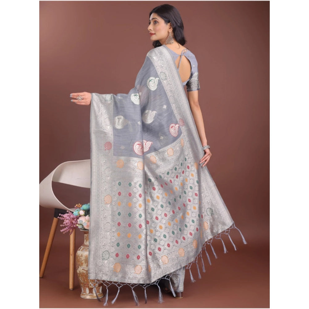 Snuggle Spot Women's Linen Cotton Printed Saree With Unstitched Blouse 5.5Mtr (Grey)