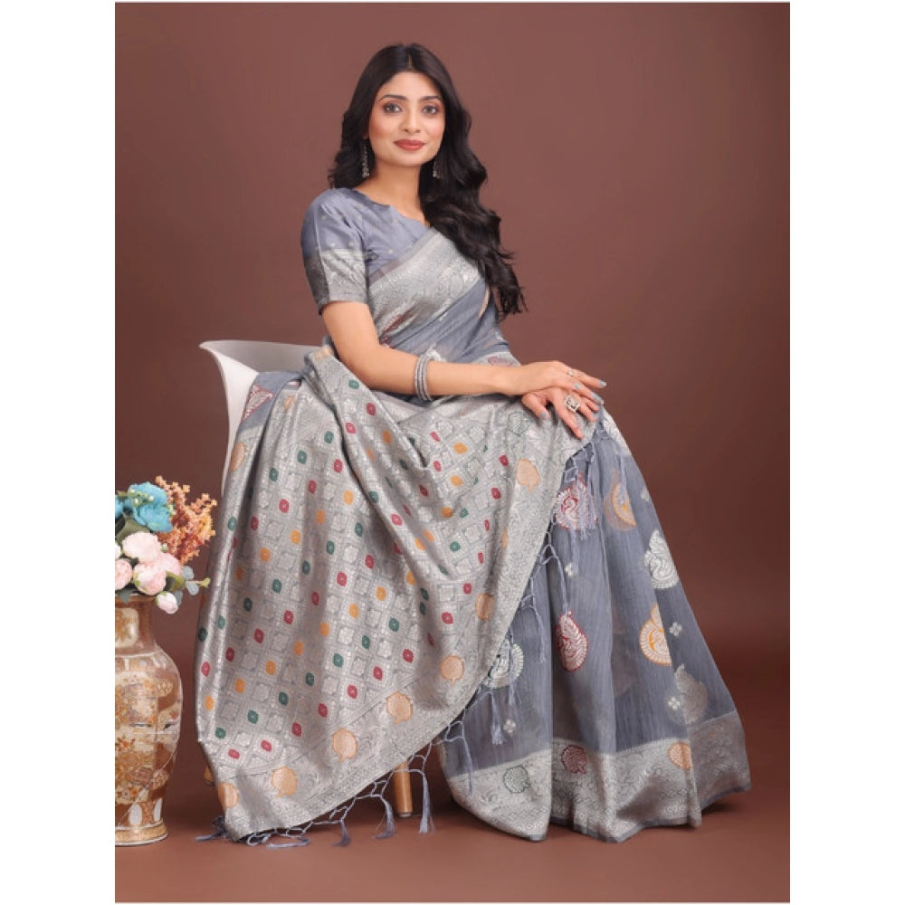 Snuggle Spot Women's Linen Cotton Printed Saree With Unstitched Blouse 5.5Mtr (Grey)