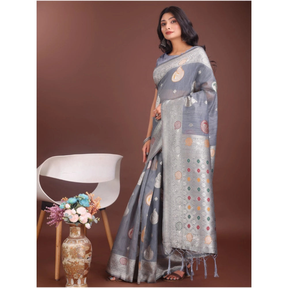 Snuggle Spot Women's Linen Cotton Printed Saree With Unstitched Blouse 5.5Mtr (Grey)