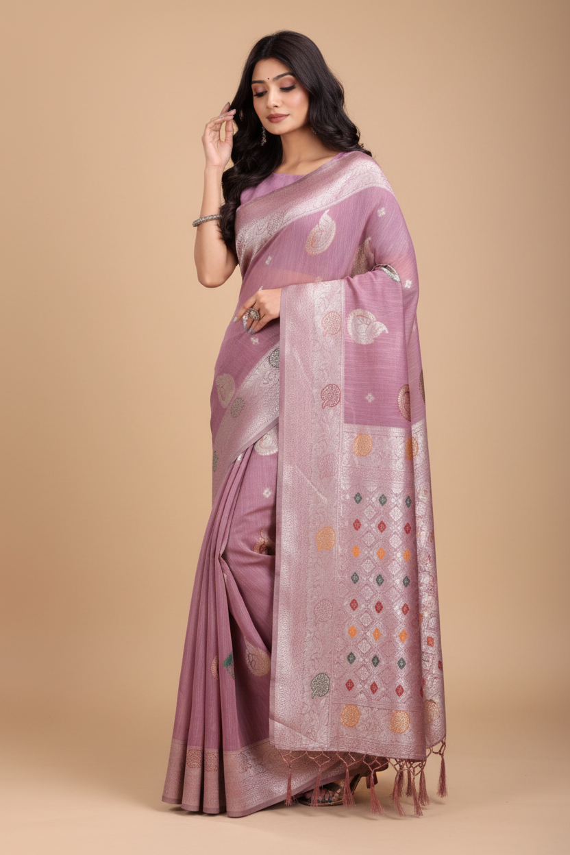 Snuggle Spot Women's Linen Cotton Printed Saree With Unstitched Blouse 5.5Mtr (Purple)