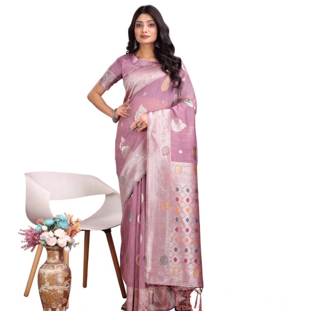 Snuggle Spot Women's Linen Cotton Printed Saree With Unstitched Blouse 5.5Mtr (Purple)