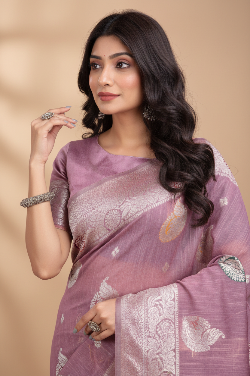 Snuggle Spot Women's Linen Cotton Printed Saree With Unstitched Blouse 5.5Mtr (Purple)
