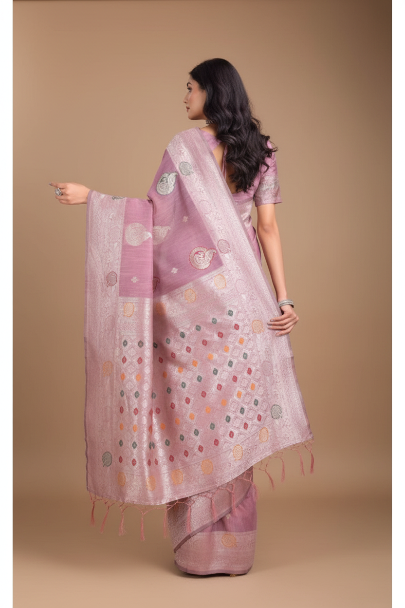 Snuggle Spot Women's Linen Cotton Printed Saree With Unstitched Blouse 5.5Mtr (Purple)