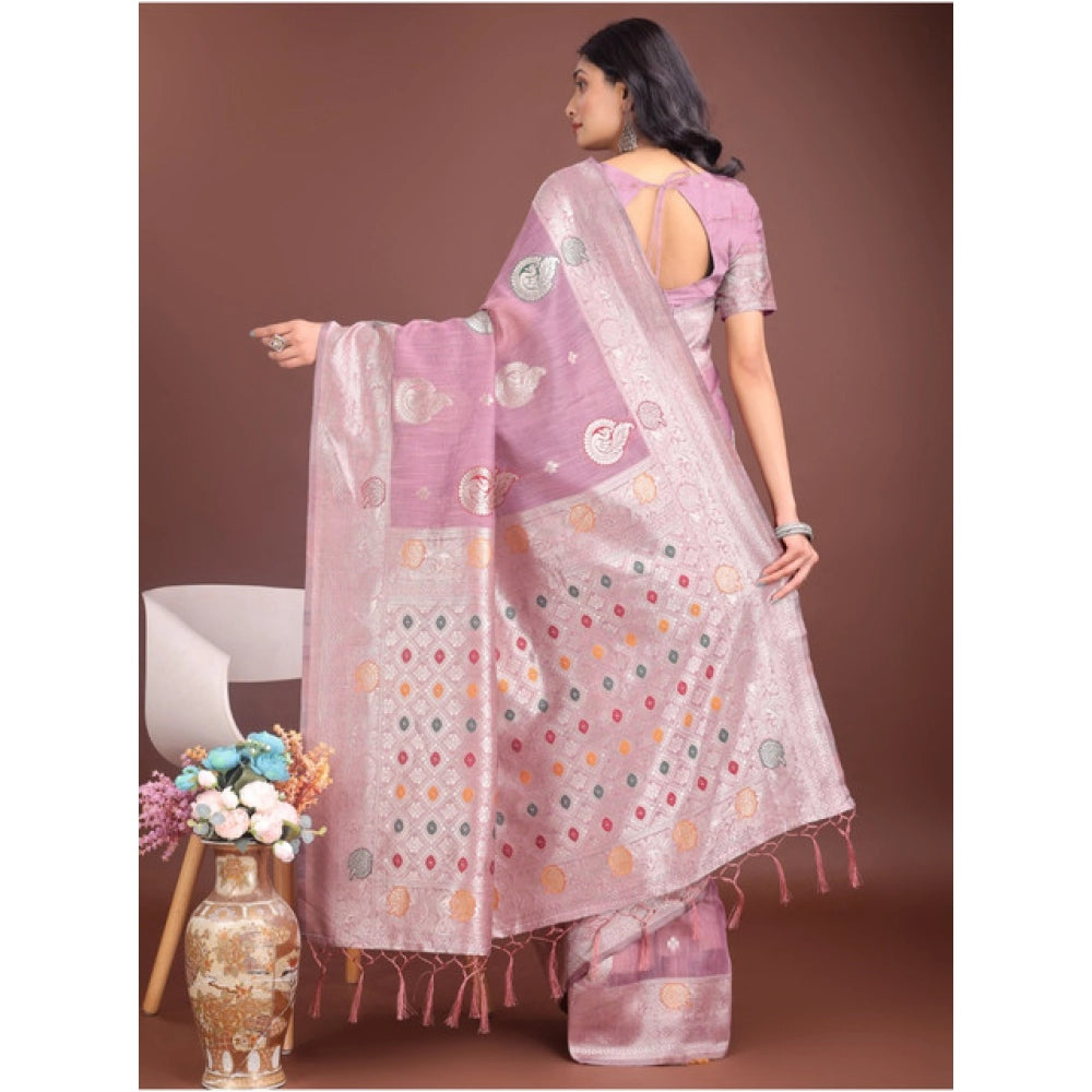 Snuggle Spot Women's Linen Cotton Printed Saree With Unstitched Blouse 5.5Mtr (Purple)