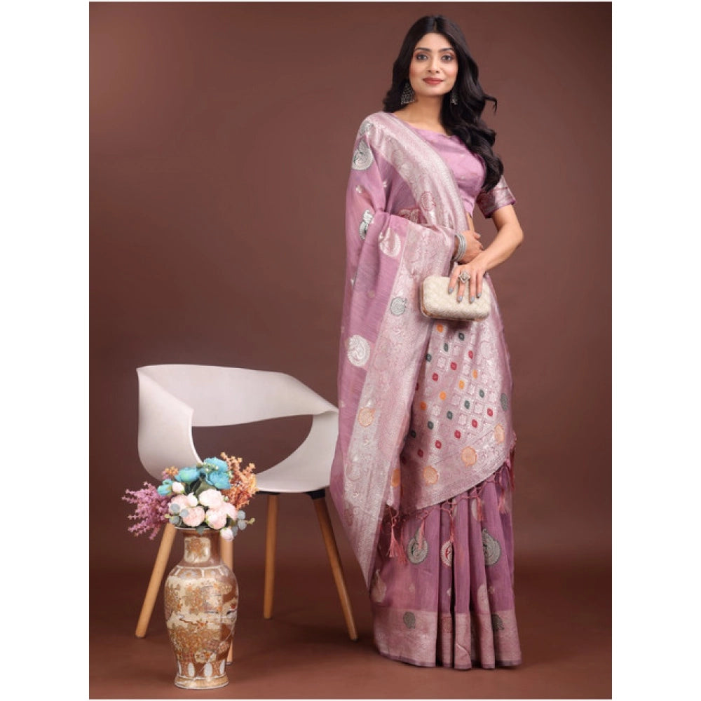Snuggle Spot Women's Linen Cotton Printed Saree With Unstitched Blouse 5.5Mtr (Purple)