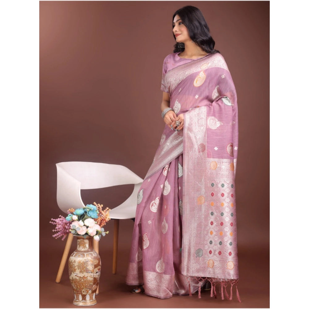 Snuggle Spot Women's Linen Cotton Printed Saree With Unstitched Blouse 5.5Mtr (Purple)