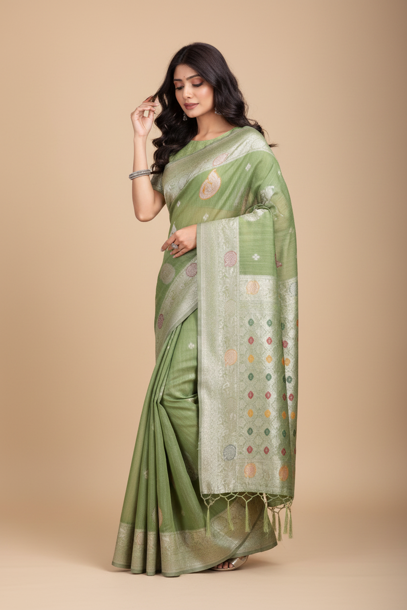 Snuggle Spot Women's Linen Cotton Printed Saree With Unstitched Blouse 5.5Mtr (Light Green)