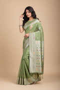Snuggle Spot Women's Linen Cotton Printed Saree With Unstitched Blouse 5.5Mtr (Light Green)