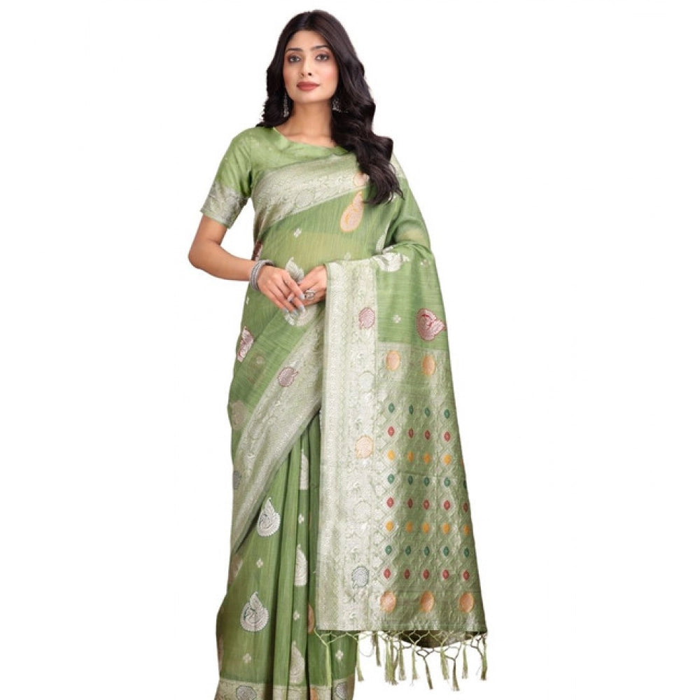 Snuggle Spot Women's Linen Cotton Printed Saree With Unstitched Blouse 5.5Mtr (Light Green)