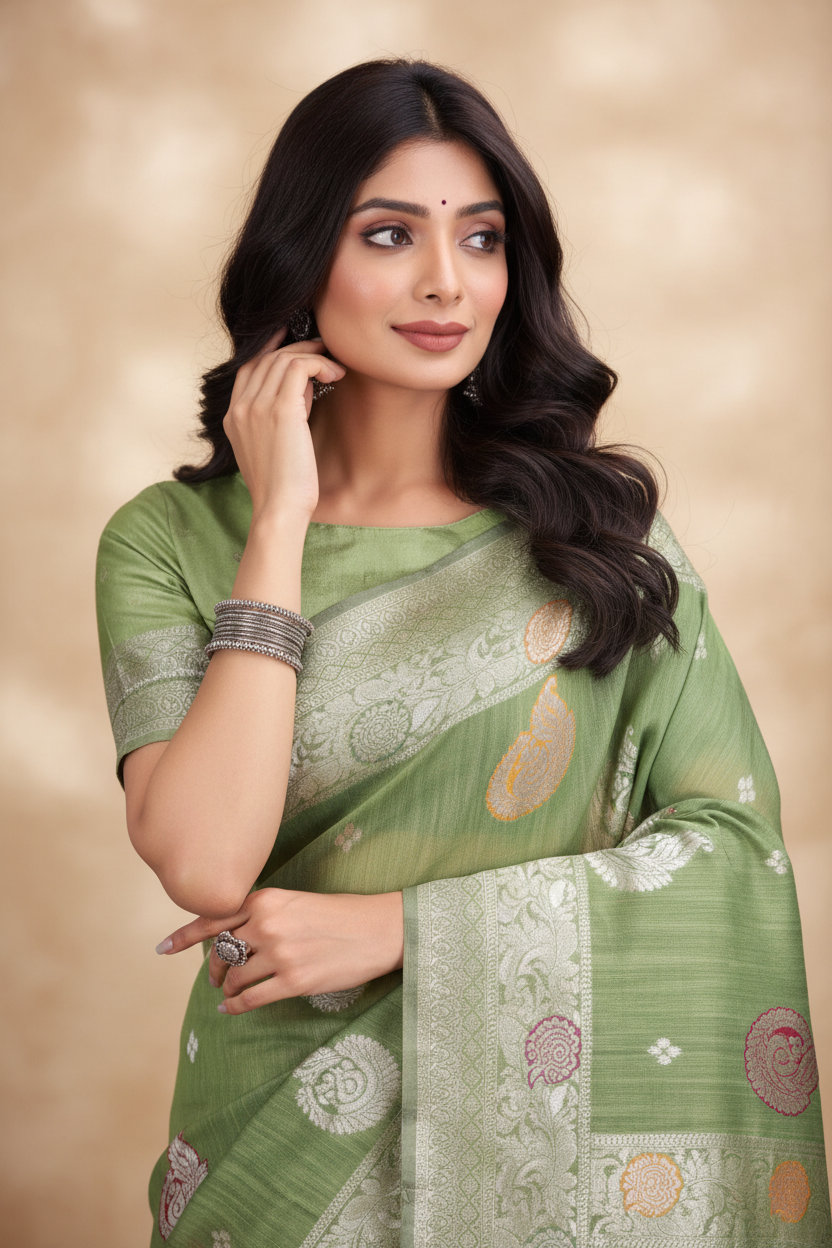 Snuggle Spot Women's Linen Cotton Printed Saree With Unstitched Blouse 5.5Mtr (Light Green)