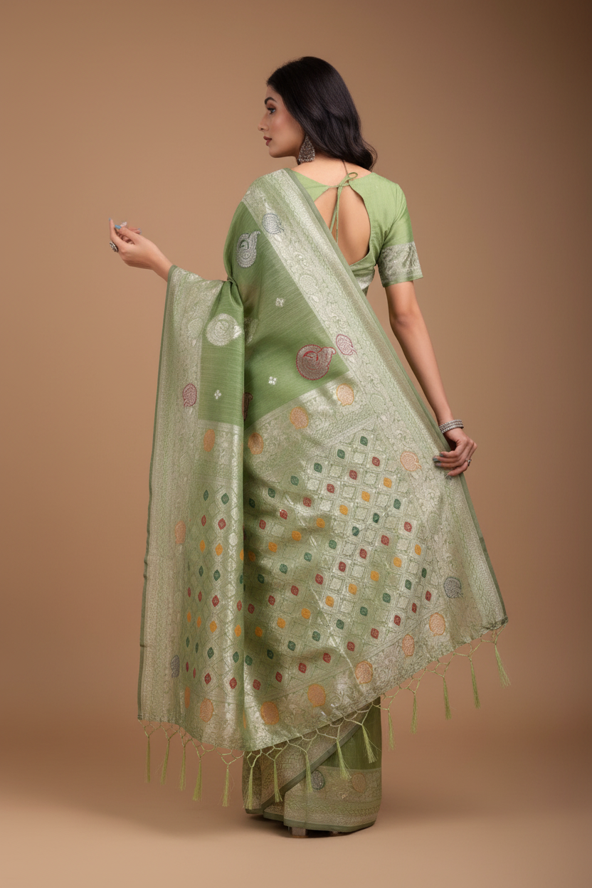 Snuggle Spot Women's Linen Cotton Printed Saree With Unstitched Blouse 5.5Mtr (Light Green)