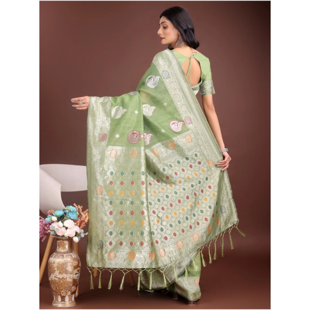 Snuggle Spot Women's Linen Cotton Printed Saree With Unstitched Blouse 5.5Mtr (Light Green)
