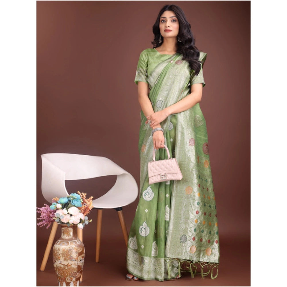 Snuggle Spot Women's Linen Cotton Printed Saree With Unstitched Blouse 5.5Mtr (Light Green)