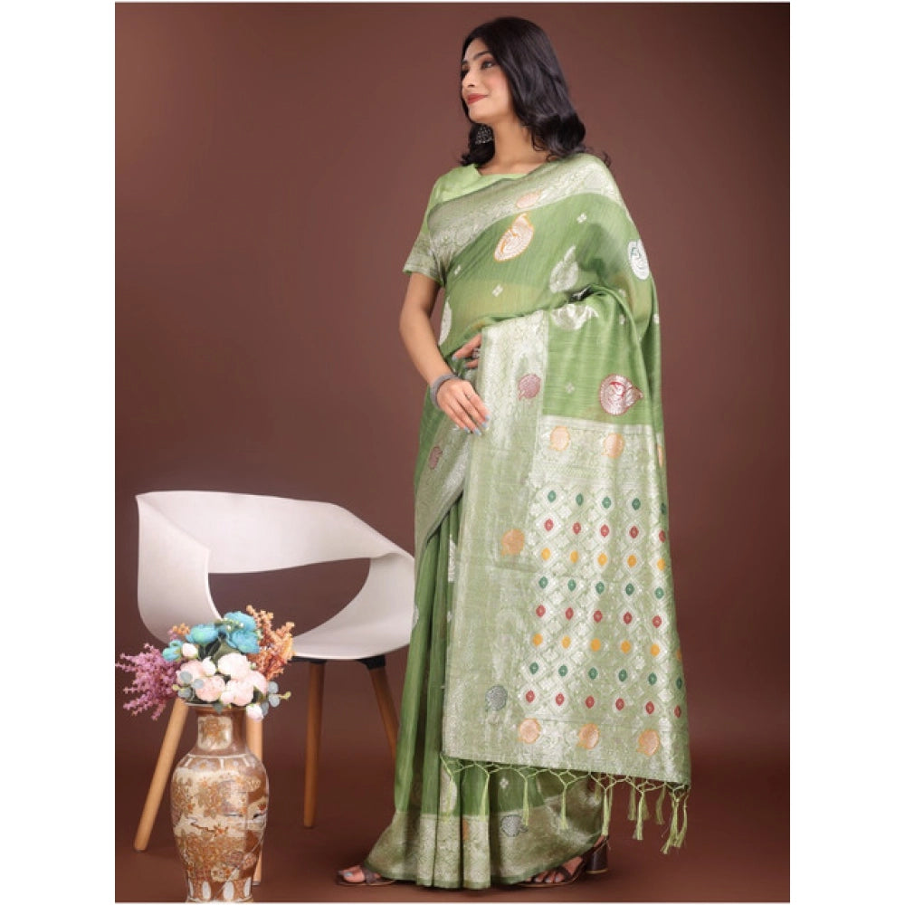 Snuggle Spot Women's Linen Cotton Printed Saree With Unstitched Blouse 5.5Mtr (Light Green)