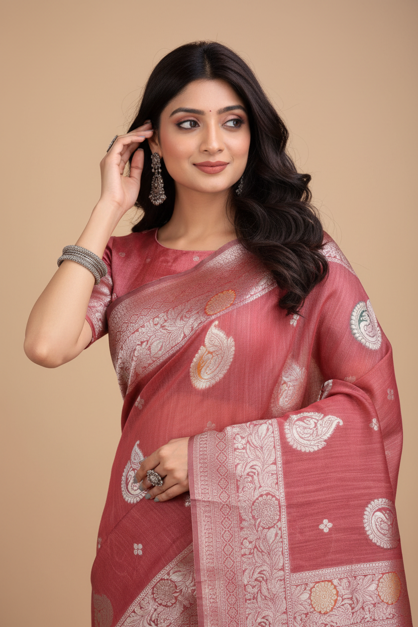 Snuggle Spot Women's Linen Cotton Printed Saree With Unstitched Blouse 5.5Mtr (Pink)