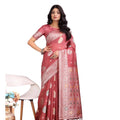 Snuggle Spot Women's Linen Cotton Printed Saree With Unstitched Blouse 5.5Mtr (Pink)