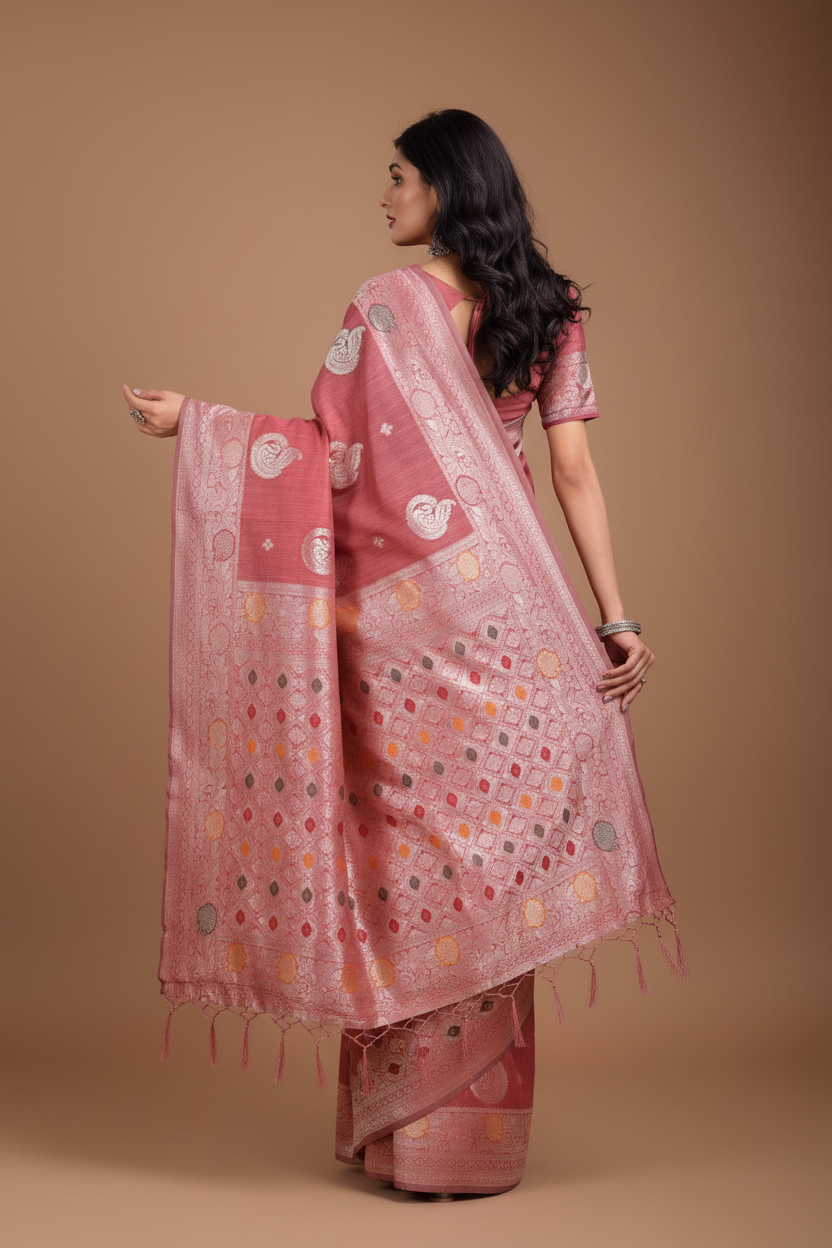 Snuggle Spot Women's Linen Cotton Printed Saree With Unstitched Blouse 5.5Mtr (Pink)