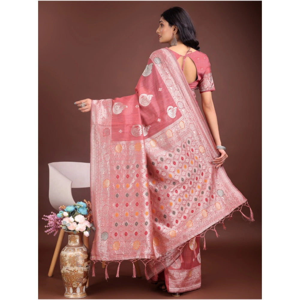 Snuggle Spot Women's Linen Cotton Printed Saree With Unstitched Blouse 5.5Mtr (Pink)