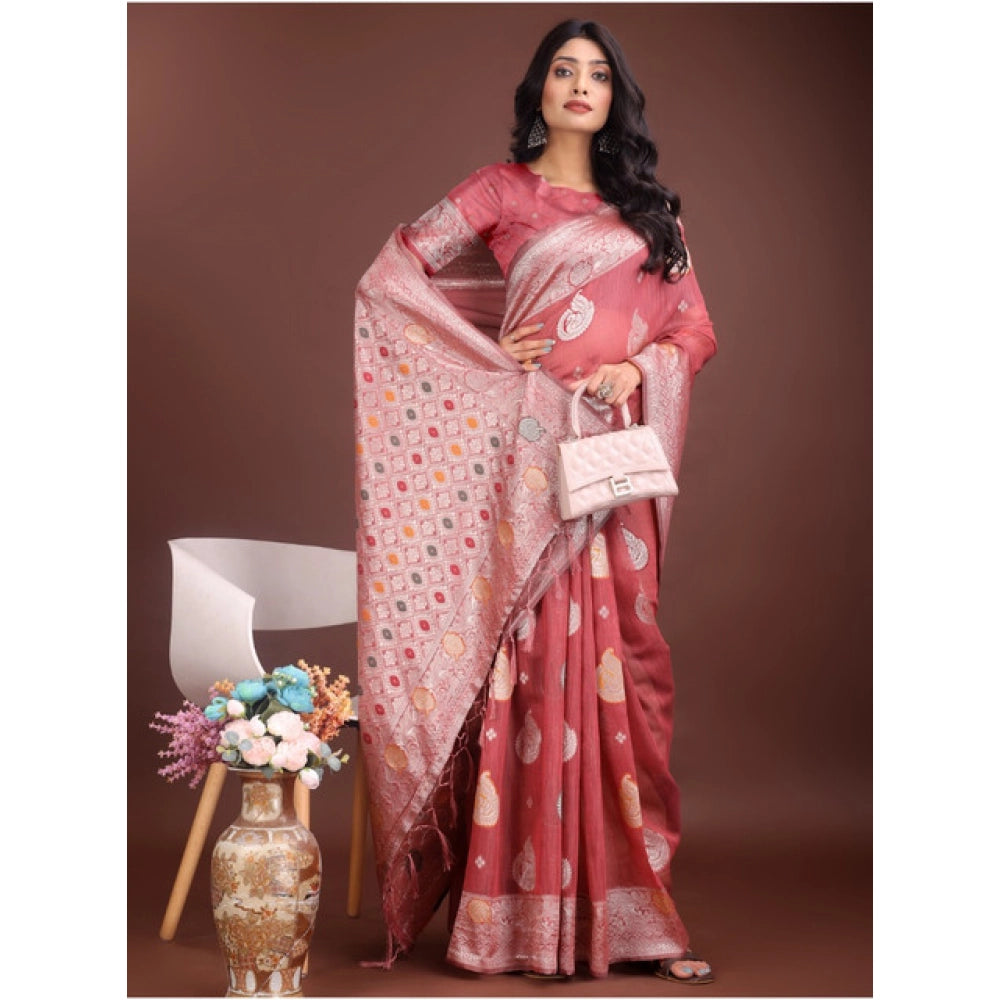 Snuggle Spot Women's Linen Cotton Printed Saree With Unstitched Blouse 5.5Mtr (Pink)