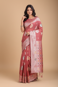 Snuggle Spot Women's Linen Cotton Printed Saree With Unstitched Blouse 5.5Mtr (Pink)