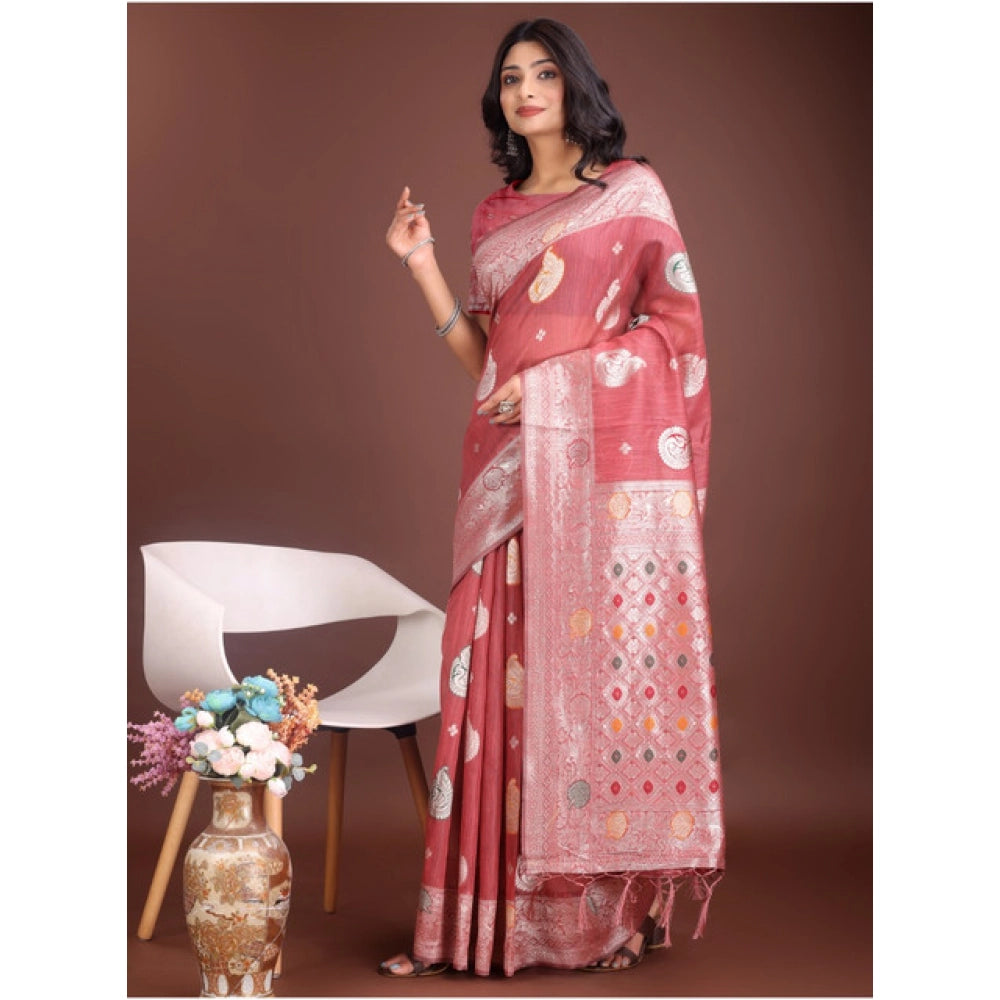 Snuggle Spot Women's Linen Cotton Printed Saree With Unstitched Blouse 5.5Mtr (Pink)