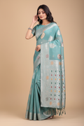 Snuggle Spot Women's Linen Cotton Printed Saree With Unstitched Blouse 5.5Mtr (Sea Green)