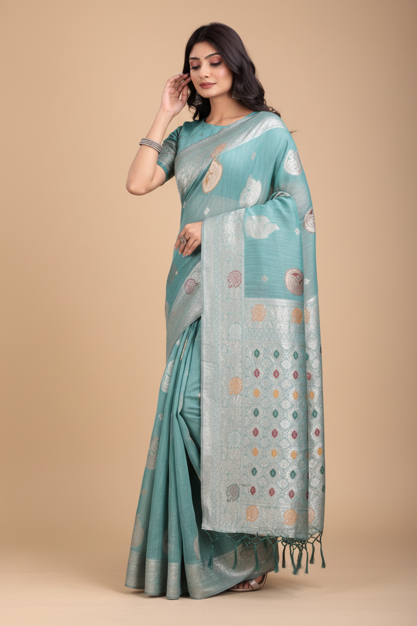 Snuggle Spot Women's Linen Cotton Printed Saree With Unstitched Blouse 5.5Mtr (Sea Green)