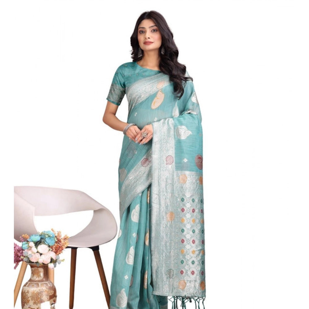 Snuggle Spot Women's Linen Cotton Printed Saree With Unstitched Blouse 5.5Mtr (Sea Green)