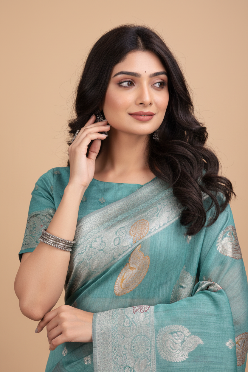 Snuggle Spot Women's Linen Cotton Printed Saree With Unstitched Blouse 5.5Mtr (Sea Green)