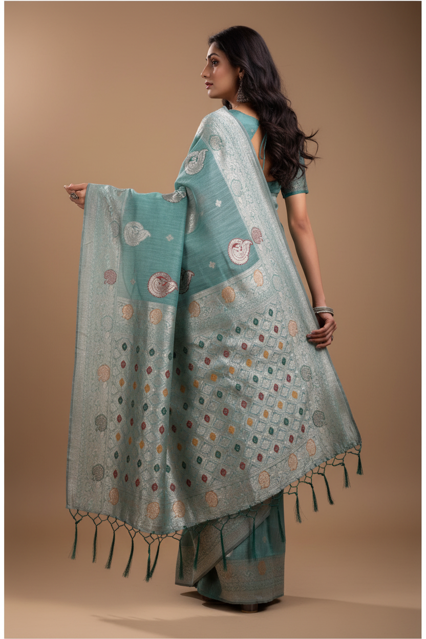 Snuggle Spot Women's Linen Cotton Printed Saree With Unstitched Blouse 5.5Mtr (Sea Green)