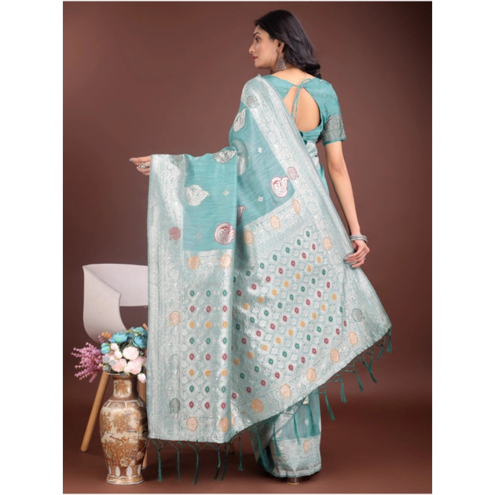 Snuggle Spot Women's Linen Cotton Printed Saree With Unstitched Blouse 5.5Mtr (Sea Green)
