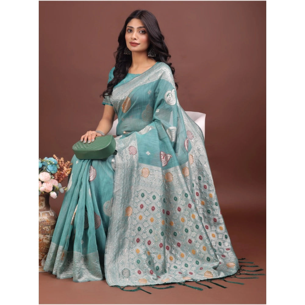 Snuggle Spot Women's Linen Cotton Printed Saree With Unstitched Blouse 5.5Mtr (Sea Green)