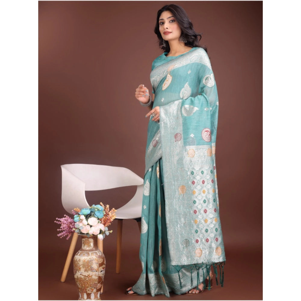 Snuggle Spot Women's Linen Cotton Printed Saree With Unstitched Blouse 5.5Mtr (Sea Green)