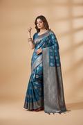 Snuggle Spot Women's Silk Blend Printed Saree With Unstitched Blouse 5.5Mtr (Teal Blue)