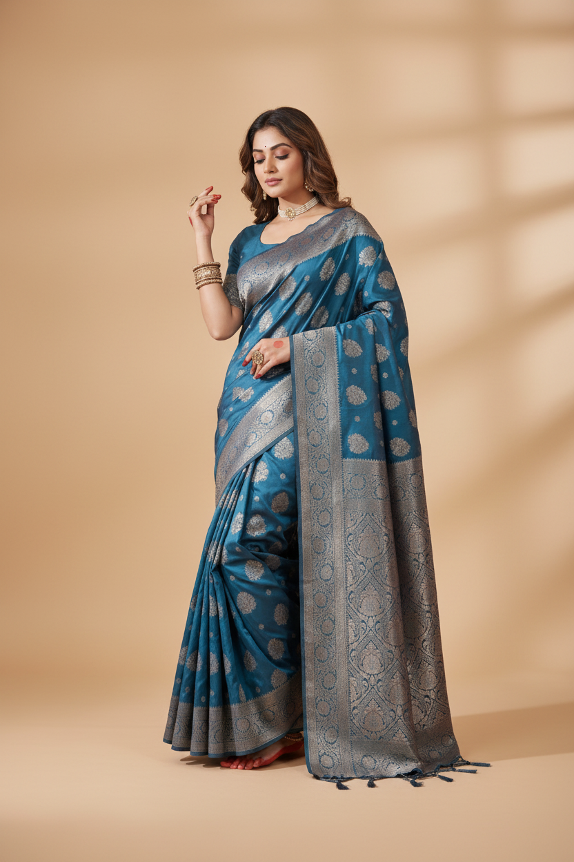 Snuggle Spot Women's Silk Blend Printed Saree With Unstitched Blouse 5.5Mtr (Teal Blue)
