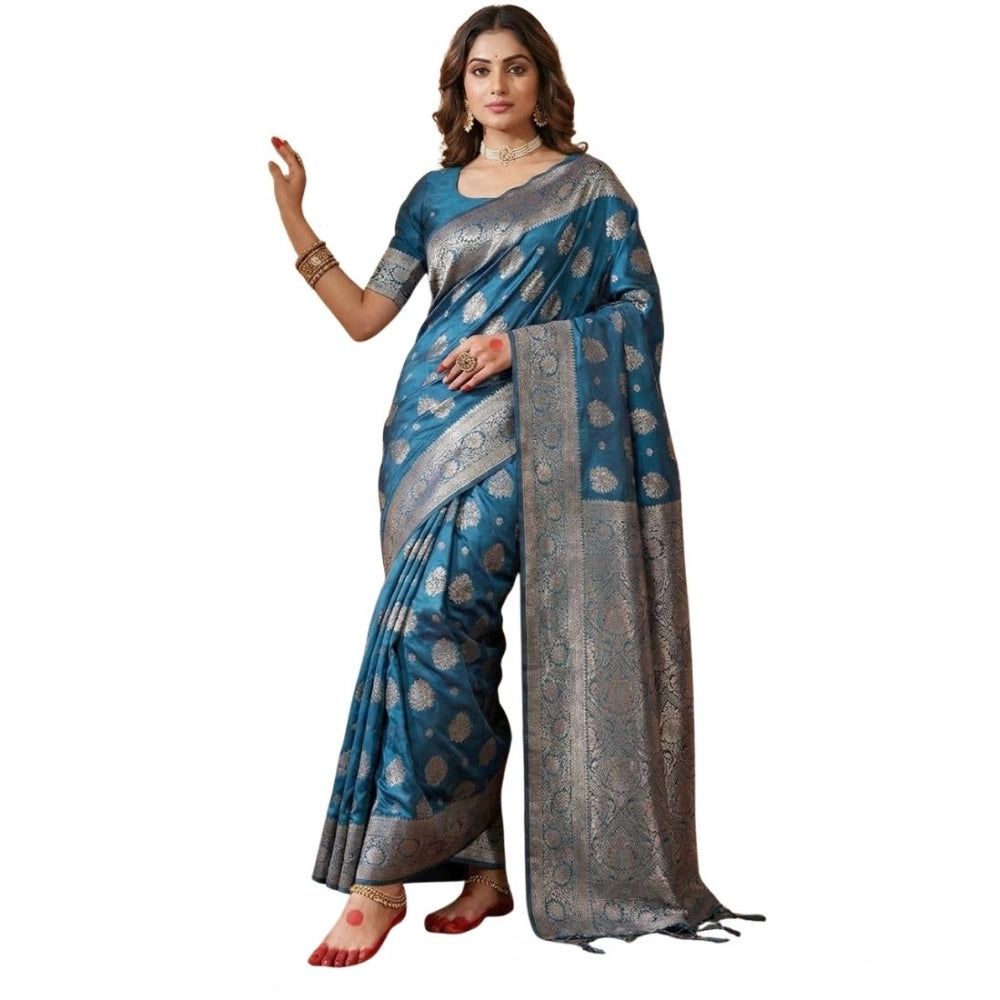 Snuggle Spot Women's Silk Blend Printed Saree With Unstitched Blouse 5.5Mtr (Teal Blue)