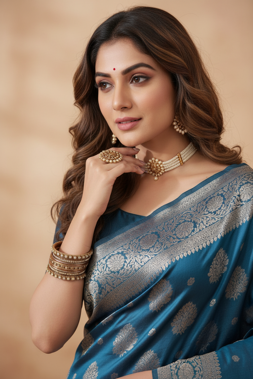 Snuggle Spot Women's Silk Blend Printed Saree With Unstitched Blouse 5.5Mtr (Teal Blue)