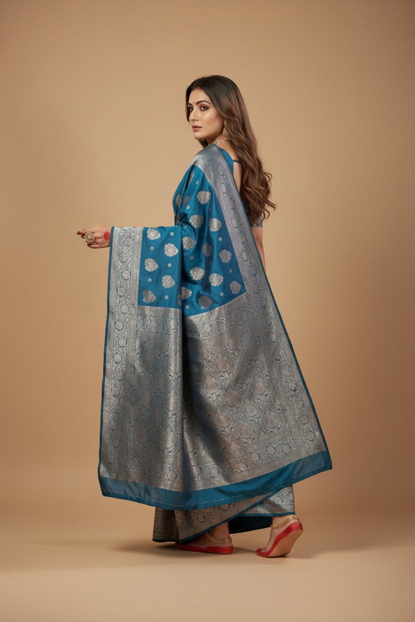 Snuggle Spot Women's Silk Blend Printed Saree With Unstitched Blouse 5.5Mtr (Teal Blue)