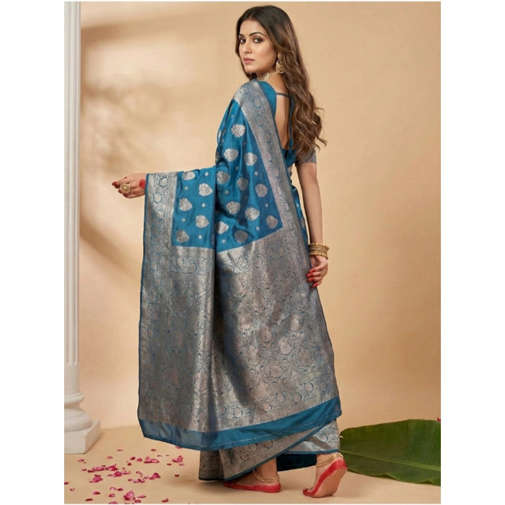Snuggle Spot Women's Silk Blend Printed Saree With Unstitched Blouse 5.5Mtr (Teal Blue)